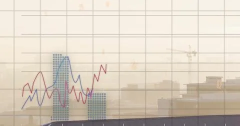 Image of financial data processing over cityscape Stockfoto's