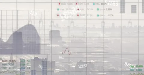 Image of financial data processing over cityscape Foto stock