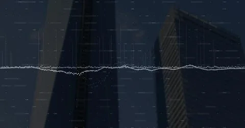 Image of financial data processing over cityscape 스톡 사진