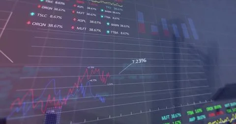 Image of financial data processing over grid and cityscape Foto stock