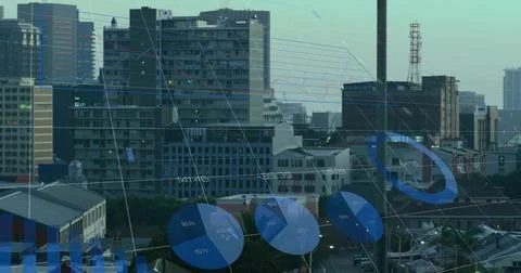 Image of financial data processing over cityscape Stock Photos