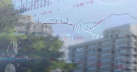 Image of financial data processing over cityscape 写真素材