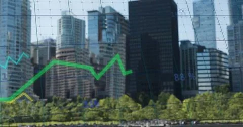 Image of financial data processing over cityscape Foto stock
