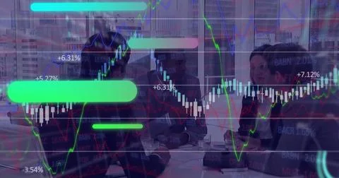 Image of financial data processing over businessman wearing vr headset 스톡 사진