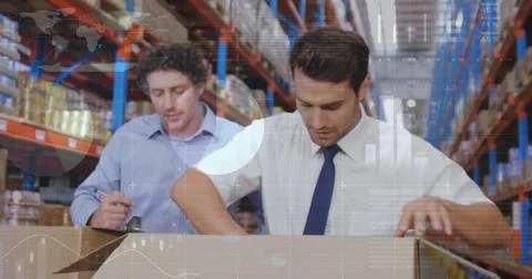 Image of financial data processing over diverse business people in warehouse Stock Photos