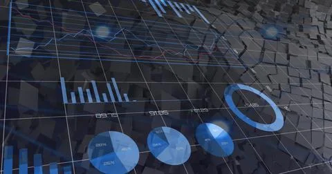 Image of financial data processing over squares on black background Stock Photos