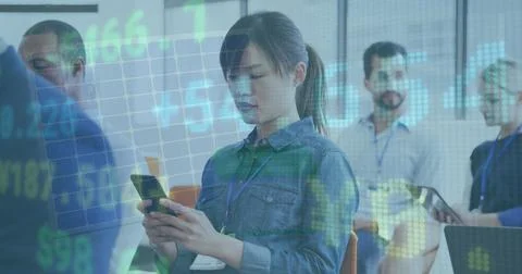 Image of financial data processing over business people using electronic de.. Stock Photos
