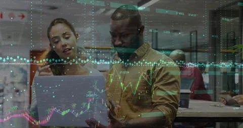 Image of financial data processing over diverse man and woman discussing ov.. Stock Photos