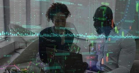 Image of financial data processing over african american man and woman disc.. Stock Photos