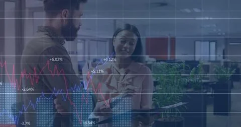 Image of financial data processing over diverse people in office Stock Photos