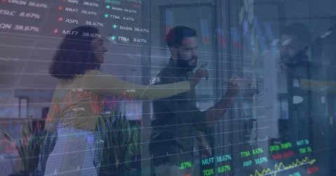 Image of financial data processing over diverse people in office Stock Photos