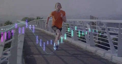 Image of financial data processing over caucasian man running in city Foto stock