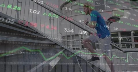Image of financial data processing over caucasian man running in city Foto stock