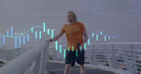 Image of financial data processing over caucasian man running in city Stock Photos