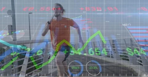 Image of financial data processing over caucasian man running in city Foto stock