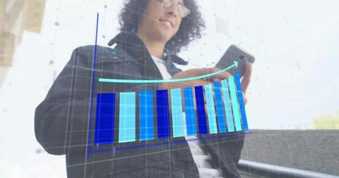Image of financial data processing over biracial man using smartphone Stock Photos