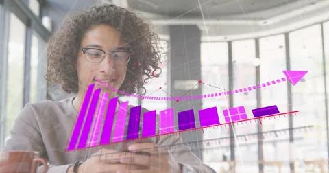 Image of financial data processing over biracial man using smartphone Stock Photos