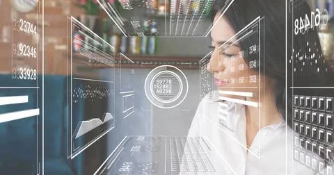 Image of financial data processing over caucasian businesswoman using laptop 写真素材