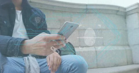 Image of financial data processing over biracial man using smartphone 스톡 사진