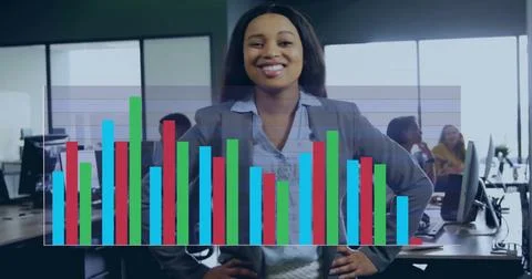 Image of financial data processing over african american businesswoman in o.. Stock Photos