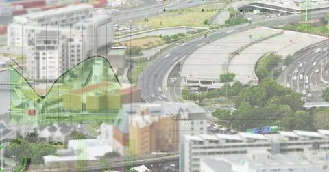 Image of financial data processing over cityscape Stock Photos