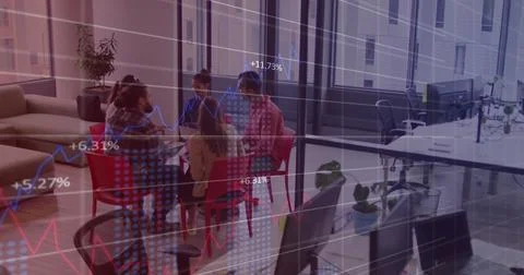Image of financial data processing over business people working in office Foto stock
