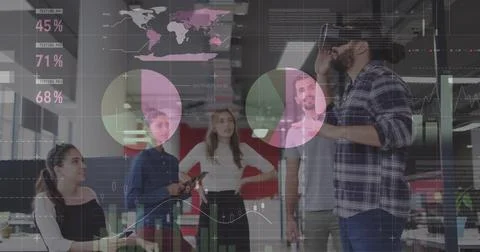 Image of financial data processing over diverse business people 스톡 사진