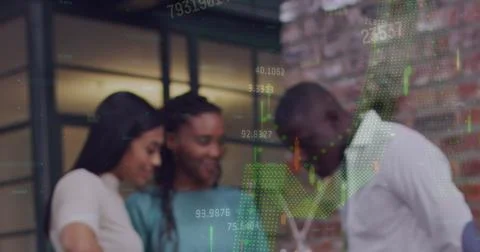 Image of financial data processing over diverse business people at office Foto stock