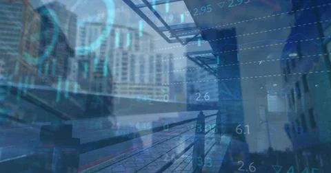 Image of financial data processing over cityscape Stockfoto's