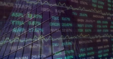 Image of financial data processing over modern office building Stock Photos