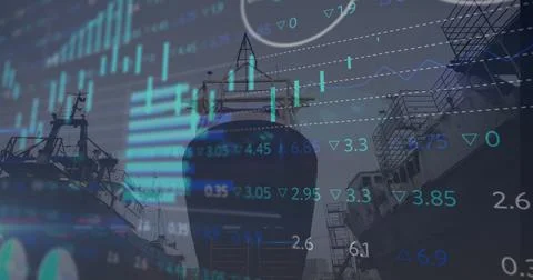 Image of financial data processing over shipyard Stockfoto's