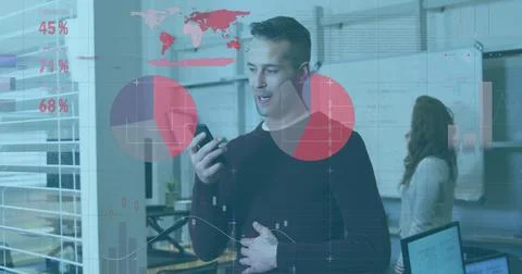 Image of financial data processing over caucasian businessman in office Foto stock