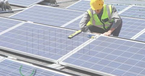 Image of financial data processing over caucasian engineer and solar panels Stock Photos