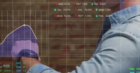 Image of financial data processing over caucasian man using smartwatch Foto stock