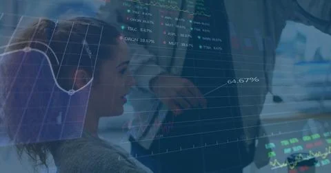 Image of financial data processing over diverse male and female colleagues Foto stock