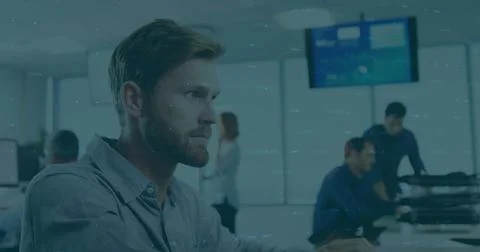 Image of financial data processing over caucasian man talking on phone at office Stock Photos