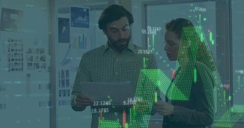 Image of financial data processing over caucasian man and woman discussing over Stockfoto's