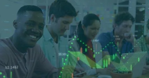 Image of financial data processing over african american using digital tablet Stockfoto's