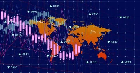 Image of financial data processing over world map on black background Stock Photos