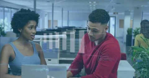 Image of financial data processing over diverse business people Foto stock