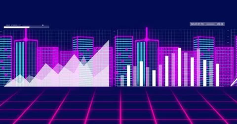 Image of financial data processing over digital city on black background Stock Photos