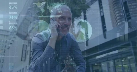Image of financial data processing over caucasian man using smartphone Stock Photos