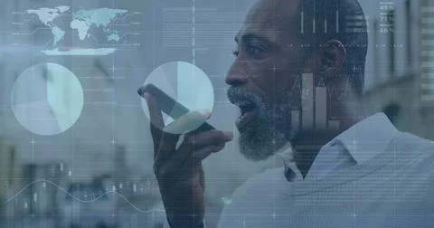 Image of financial data processing over african american man on smartphone 스톡 사진