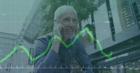 Image of financial data processing over caucasian man using smartphone Stock Photos
