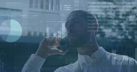 Image of financial data processing over caucasian man using smartphone Stock Photos