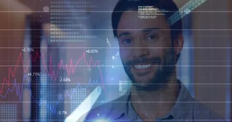 Image of financial data processing over biracial businessman in office Foto stock
