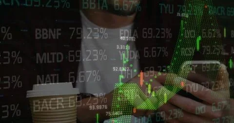 Image of financial data processing over caucasian man using smartphone in office Stock Photos