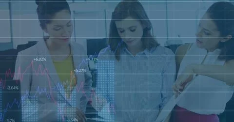Image of financial data processing over diverse business people 写真素材