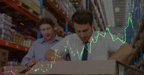 Image of financial data processing over two caucasian male supervisors open.. Foto stock