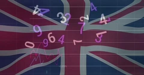 Image of financial data processing over flag of uk Foto stock